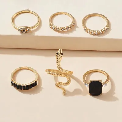 Black Stone Snake Finger Ring Set (6 Pcs)